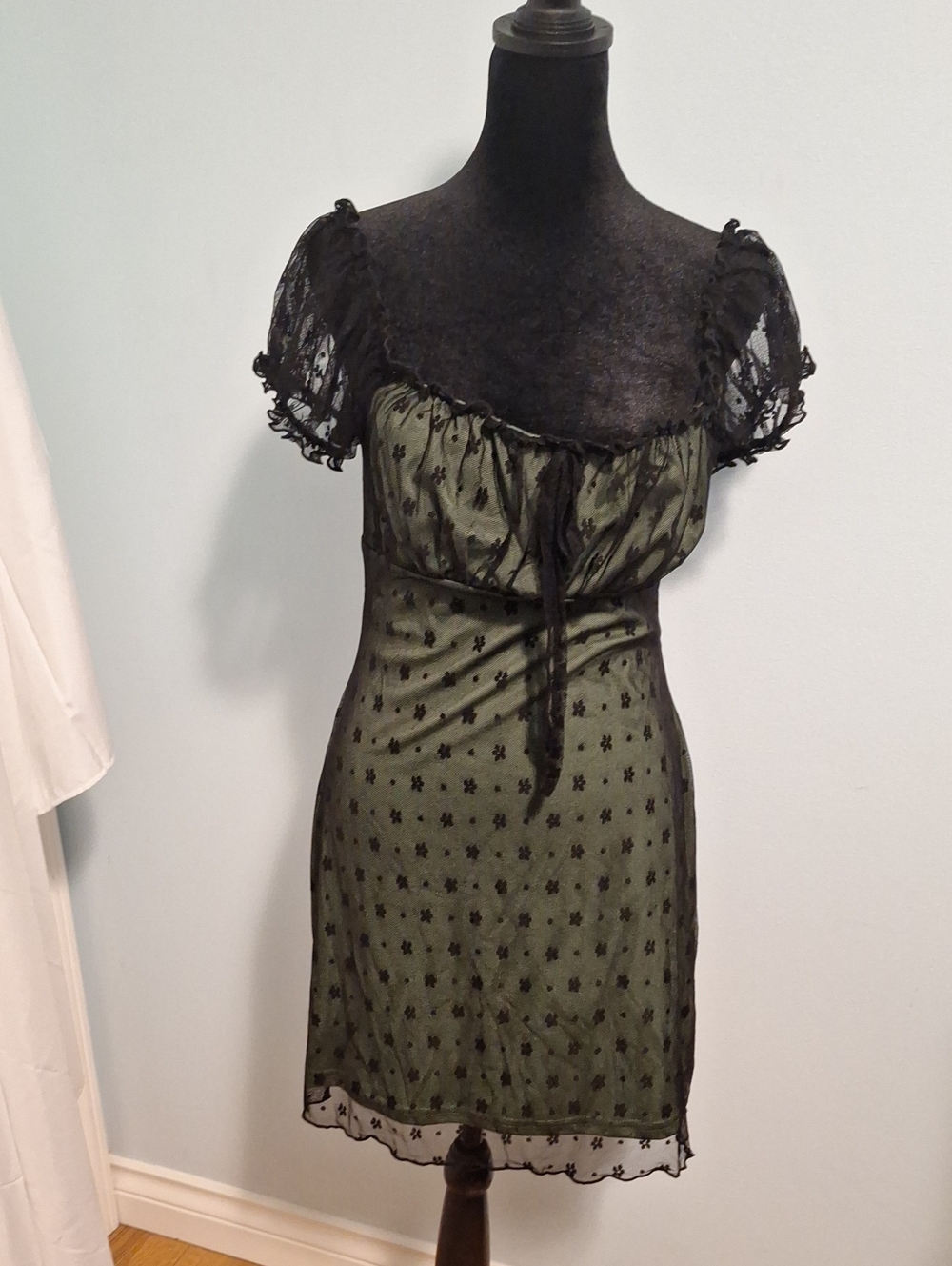 Cider Olive Green and Black Lace Slip Dress